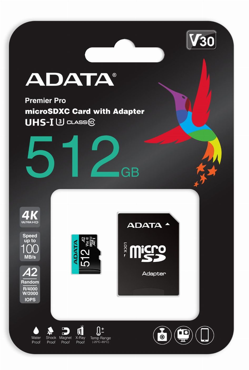 Карта памет ADATA 512G SDXCM+A UHS-I U3 V30 с адаптер