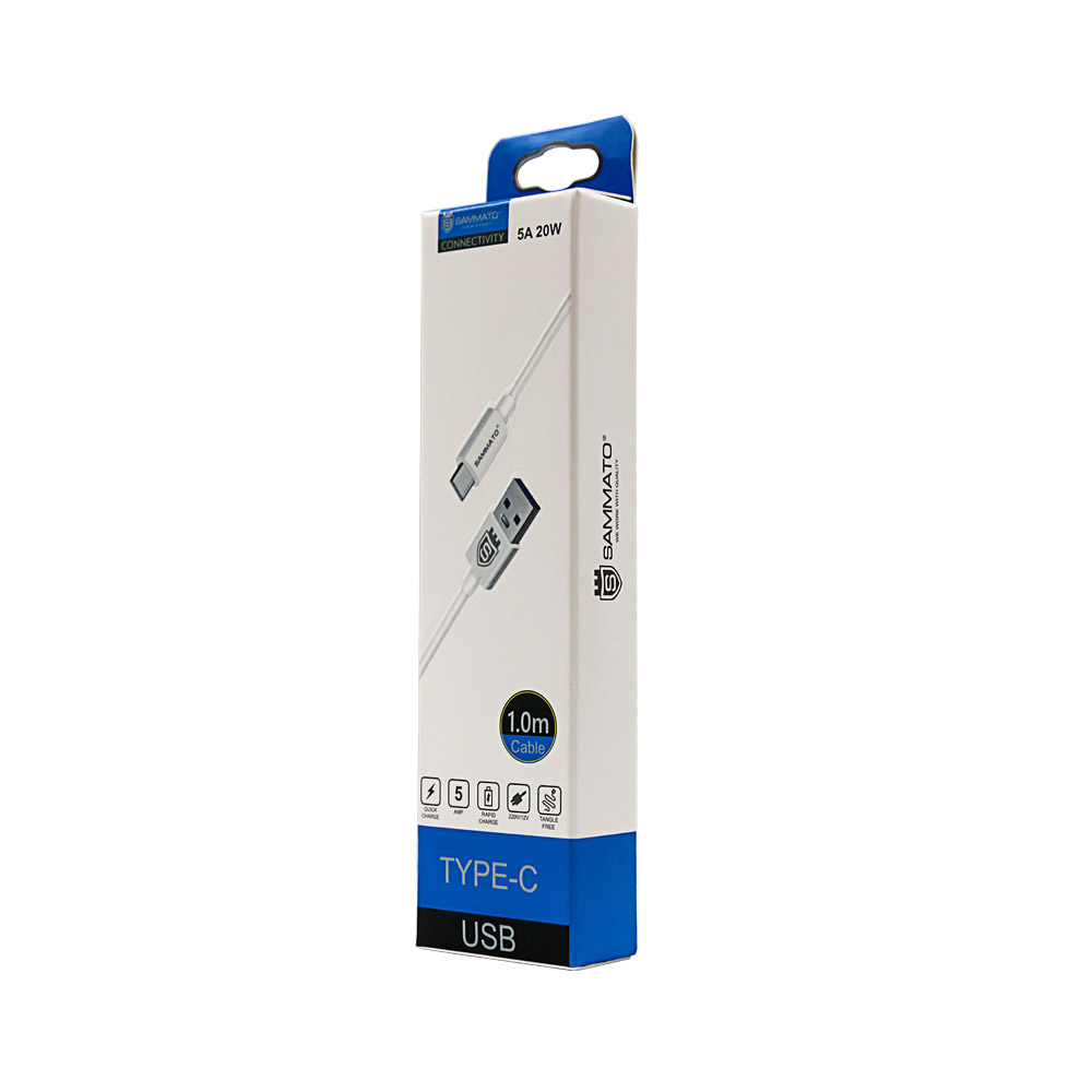 Дата кабел (за зареждане) USB )-(TYPE-C) 20W 5A 1м. бял SAMMATO 