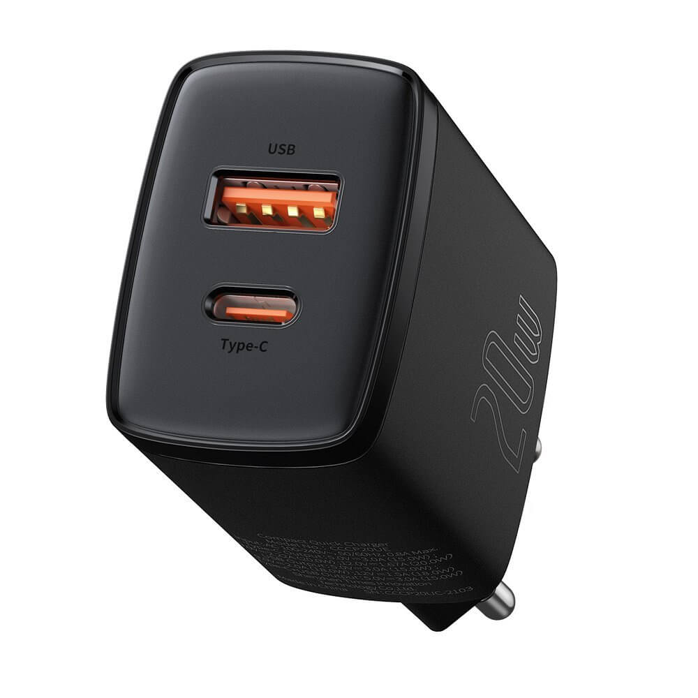 Мрежово зарядно устройство Baseus Compact, 20W, 1 x Type-C F, 1 x USB F, Черен