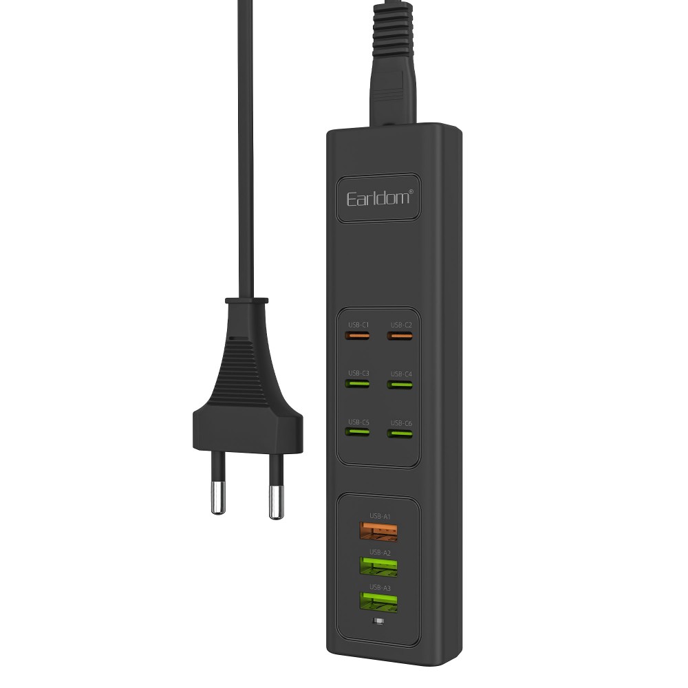 Разклонител / Удължител Earldom ES-SC24, 6 х USB-C, 3 x USB F, 1м., Черен