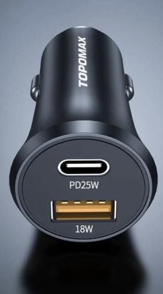 Зарядно за автомобил 12V TOPOMAX TCC-01 43W/ 1xUSB-C, 1xUSB Черен 